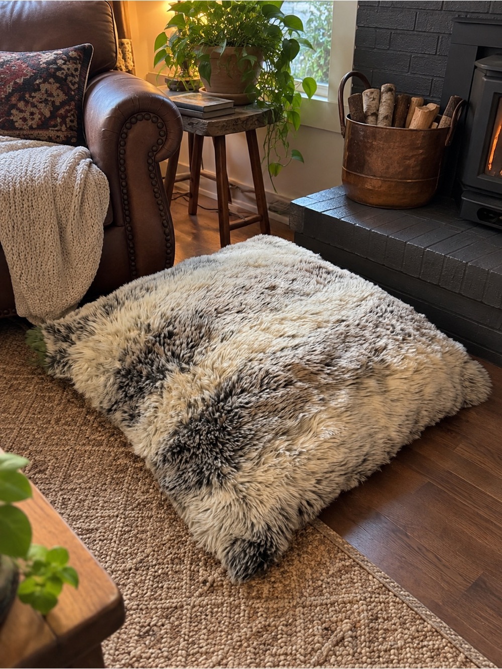 Large floor throw pillow gray faux fur home decor cozy cabin feminine bedroom